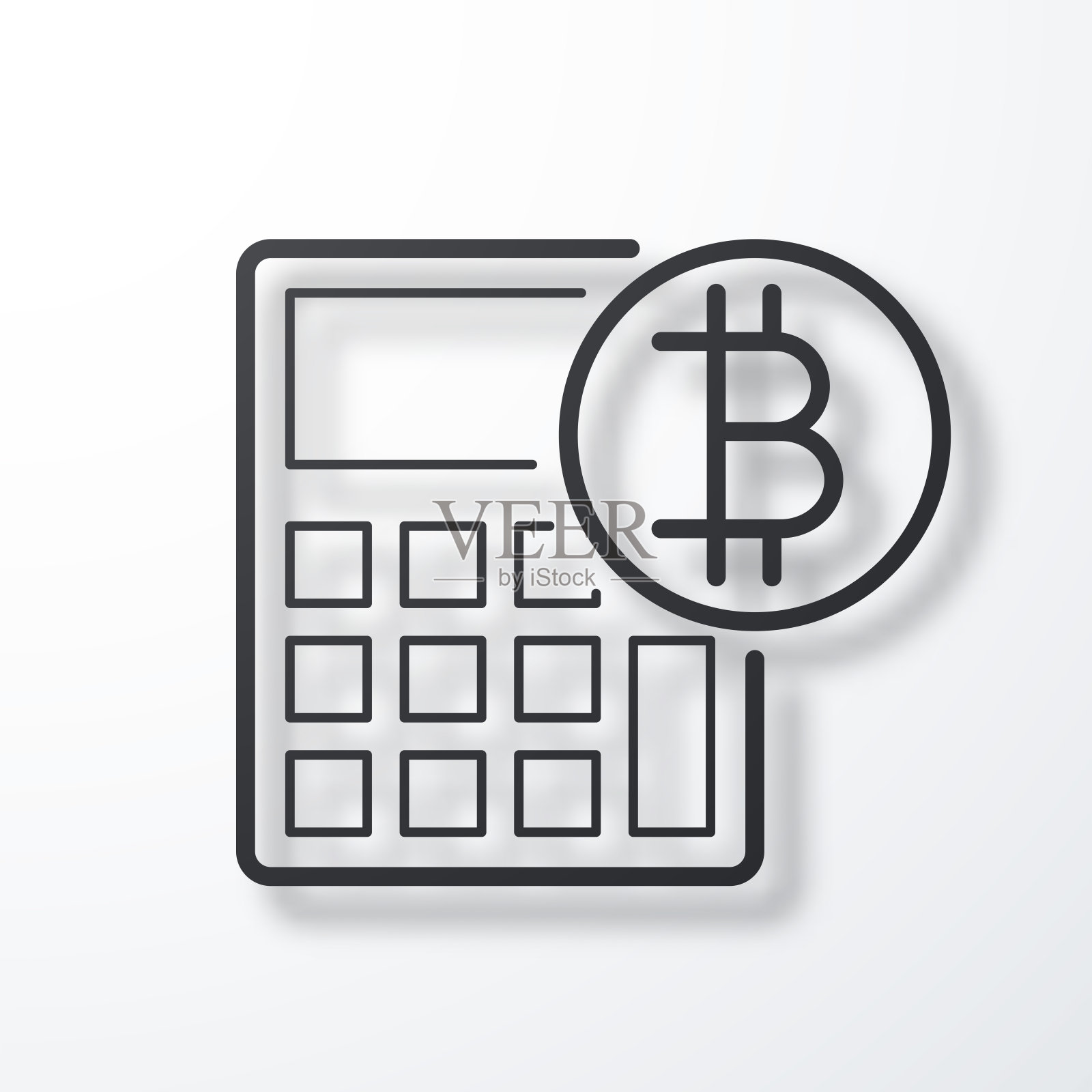 带有比特币标志的计算器。线图标与阴影在白色背景插画图片素材