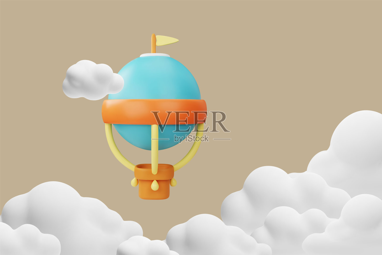 云层中的蓝色3D热气球。带有文本空间的3D横幅。插画图片素材