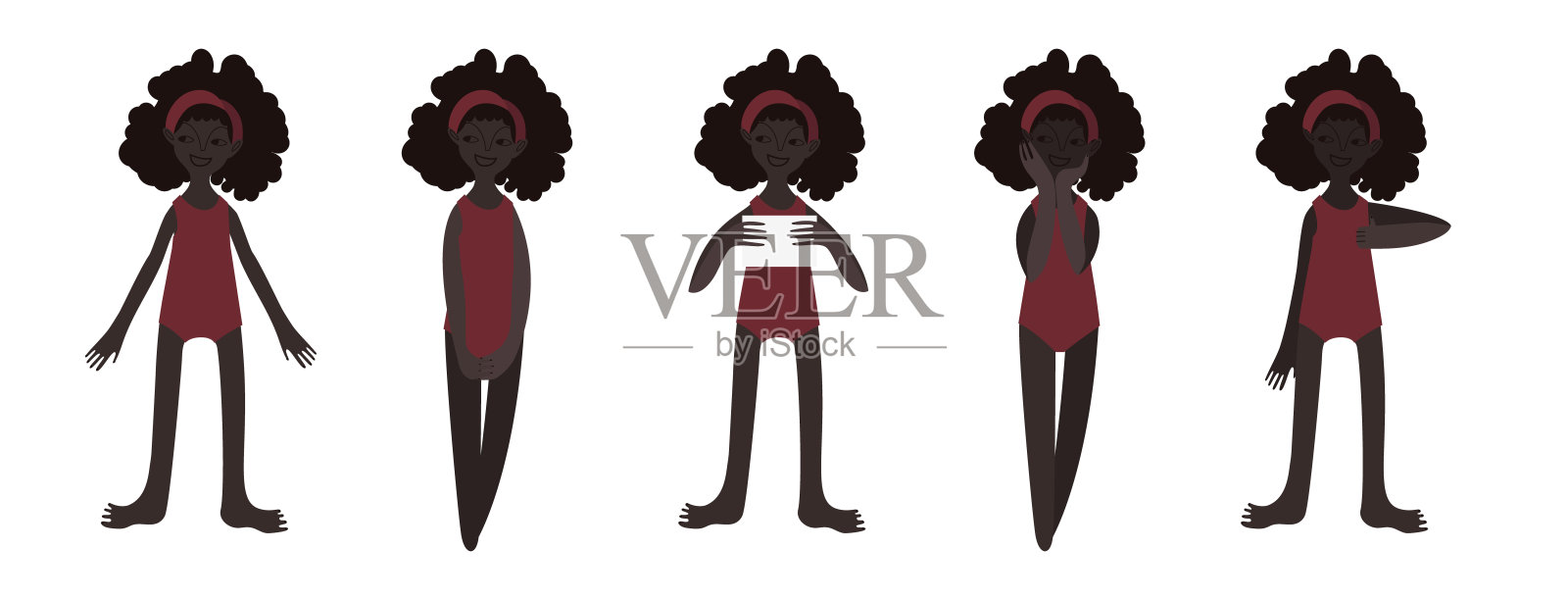 五个穿着泳装的非洲女孩。冷静的站立姿势:竖起大拇指，手里拿着一张纸。棕色皮肤，深色头发。矢量插图在平面风格插画图片素材