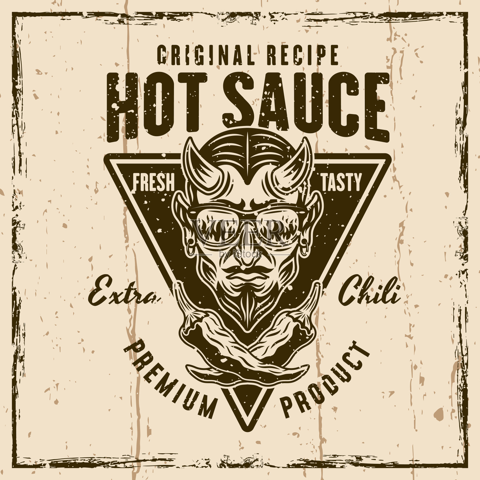 辣酱矢量徽章，徽章，标签或印刷品与魔鬼的头和交叉辣椒。背景插图与grunge纹理和框架插画图片素材