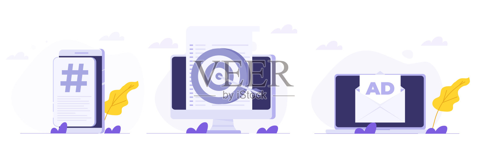 交叉发布社交、社交网络、媒体推广、推送广告概念。平面矢量插图集的横幅，网站，登陆页，传单。插画图片素材