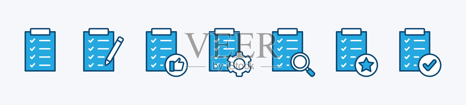 剪贴板图标设置铅笔，拇指向上，齿轮，星形和搜索符号。包含清单，文件，时间表，计划，表格，报告，议程，合同，调查。矢量图插画图片素材