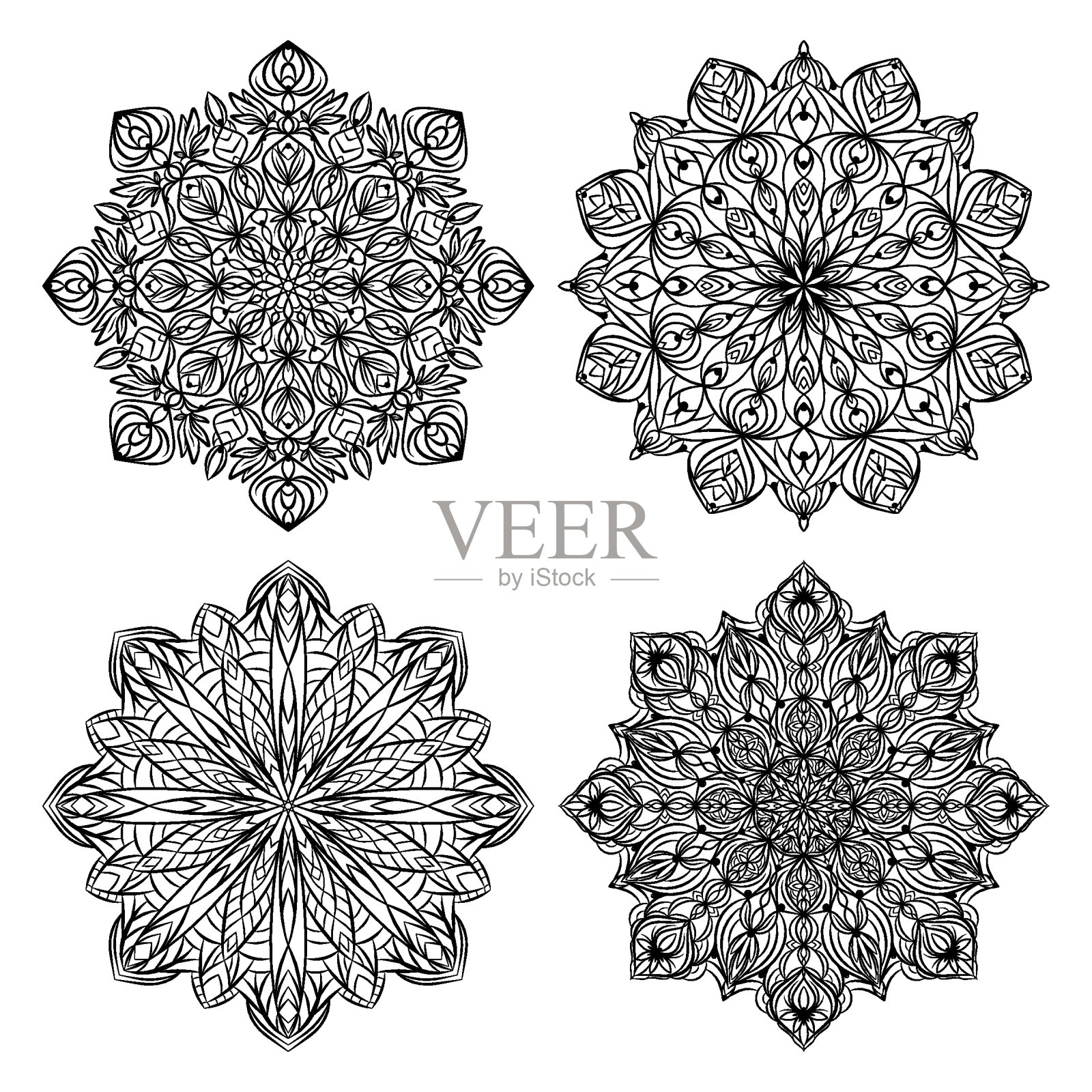 手绘花卉装饰曼陀罗与图案，卷发，花，叶。涂色书页，装饰，成人和儿童的抗压力。矢量轮廓插图隔离在白色背景上插画图片素材