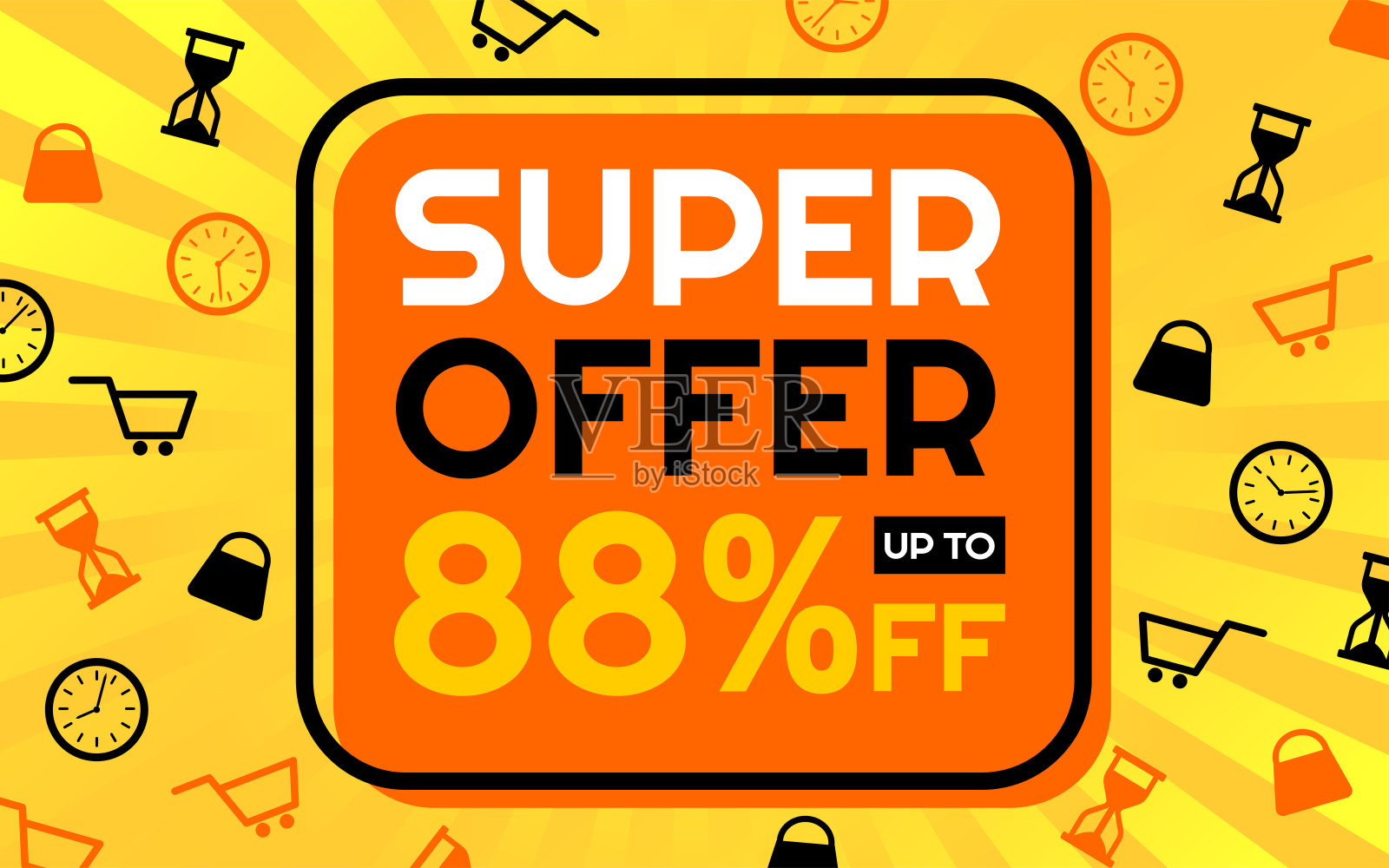 超级优惠88%的创意广告横幅，Sunburst背景，商店和限时图标插画图片素材
