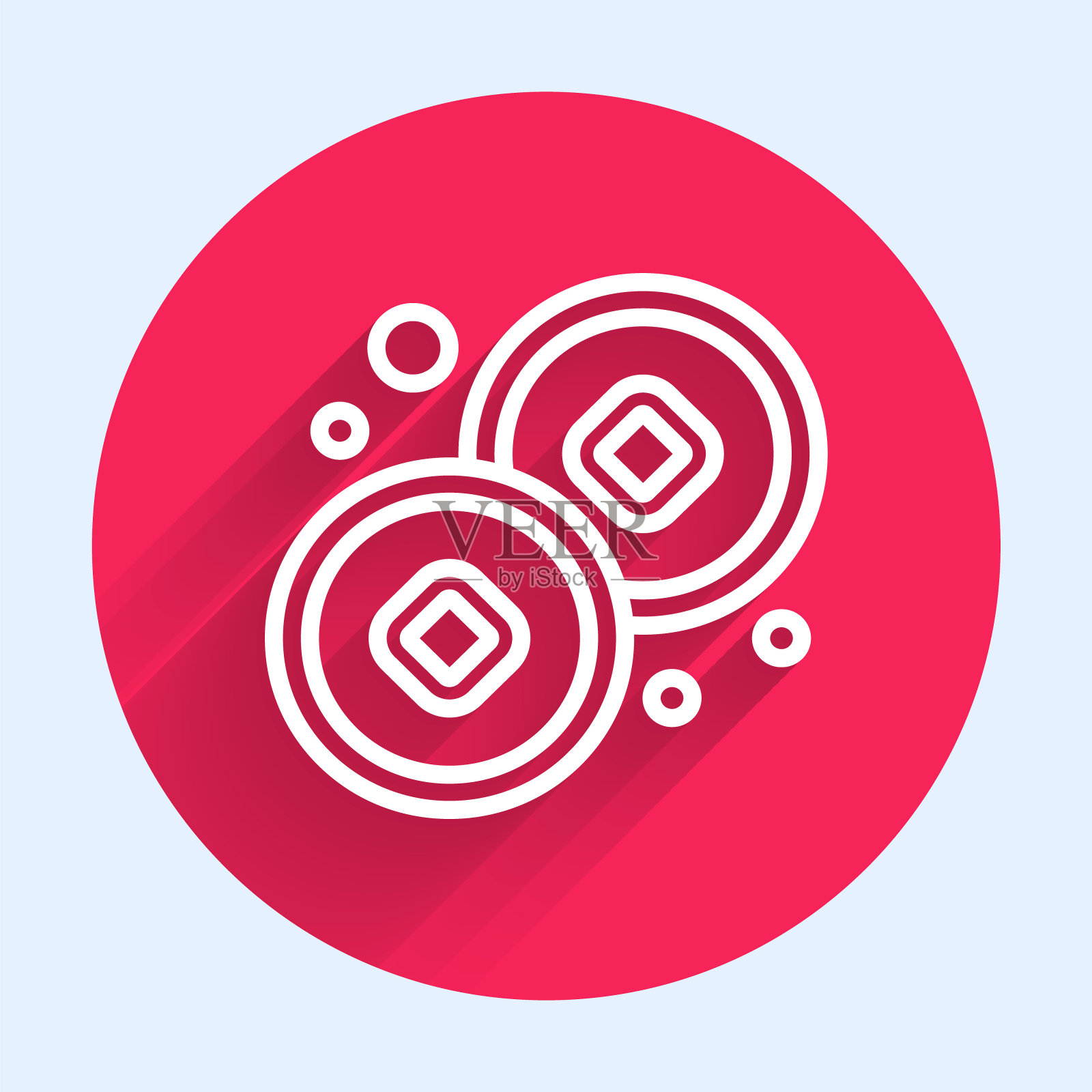 白线人民币货币符号图标与长阴影背景隔离。硬币的钱。银行货币标志。现金的象征。红色圆圈按钮。向量插画图片素材