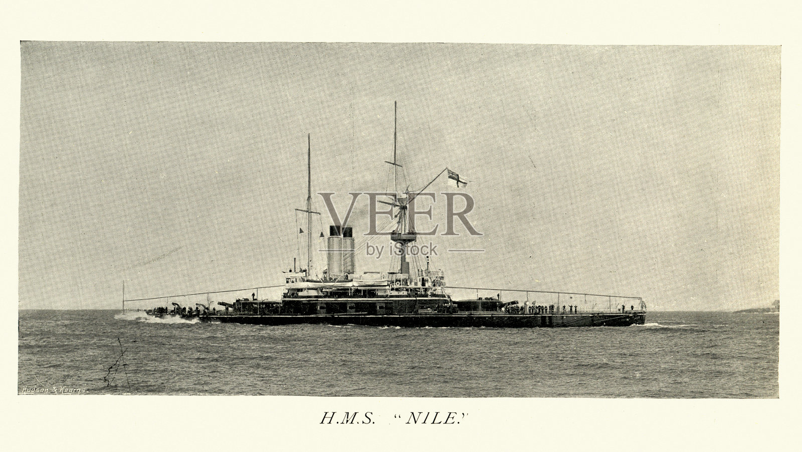 英国皇家海军战舰，HMS尼罗河，特拉法加级铁甲舰，19世纪90年代，维多利亚时代插画图片素材