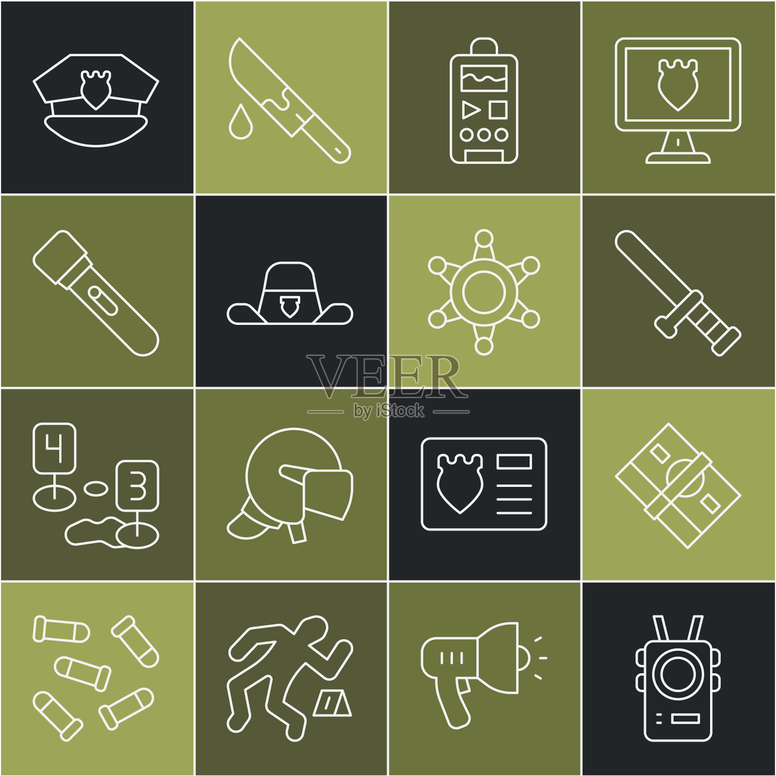 设置线警察随身相机，堆纸钱现金，橡胶警棍，录音机，警长帽与徽章，手电筒，帽徽和六角警长图标。向量插画图片素材