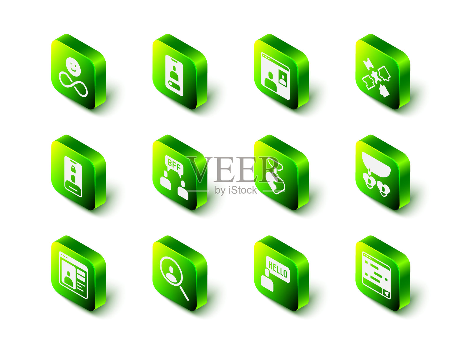 设置手机来电，视频聊天会议，拼图玩具，心形项链，聊天信息笔记本电脑，熟人和放大镜搜索图标。向量插画图片素材