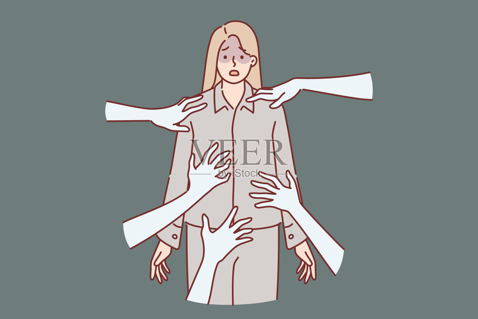 噩梦中受惊的女孩穿着睡衣站在复活的怪物手中插画图片素材