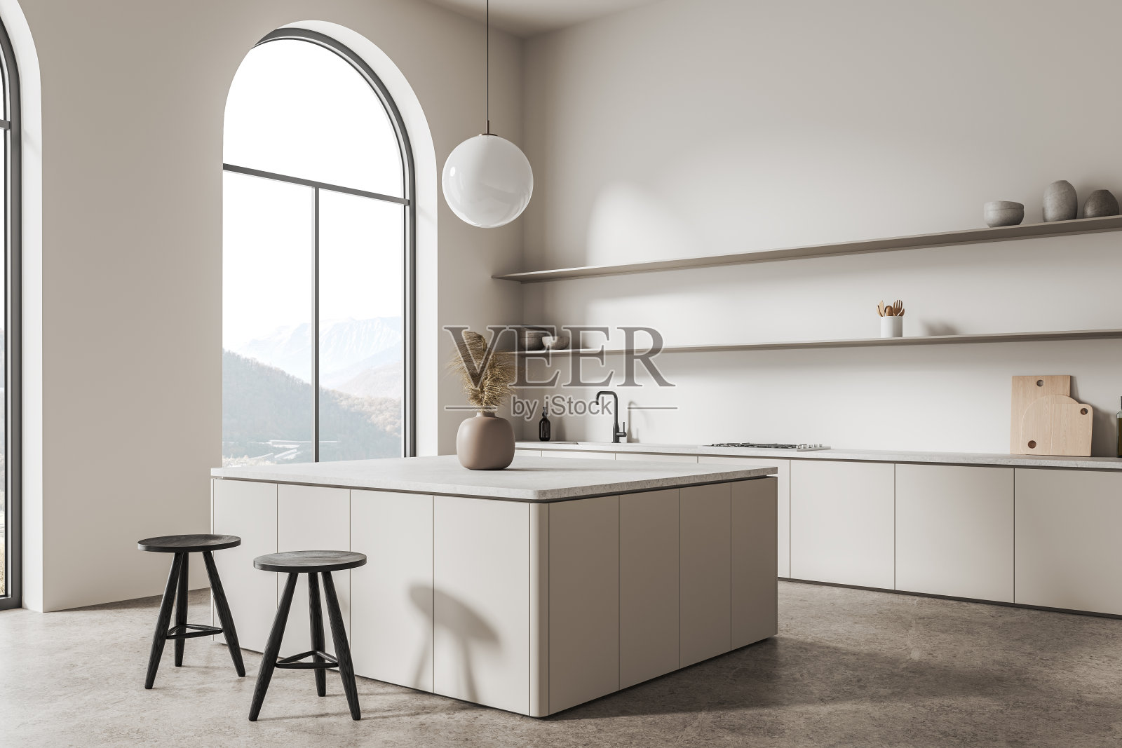 豪华家庭厨房内部配有酒吧岛和靠近窗户的厨柜照片摄影图片