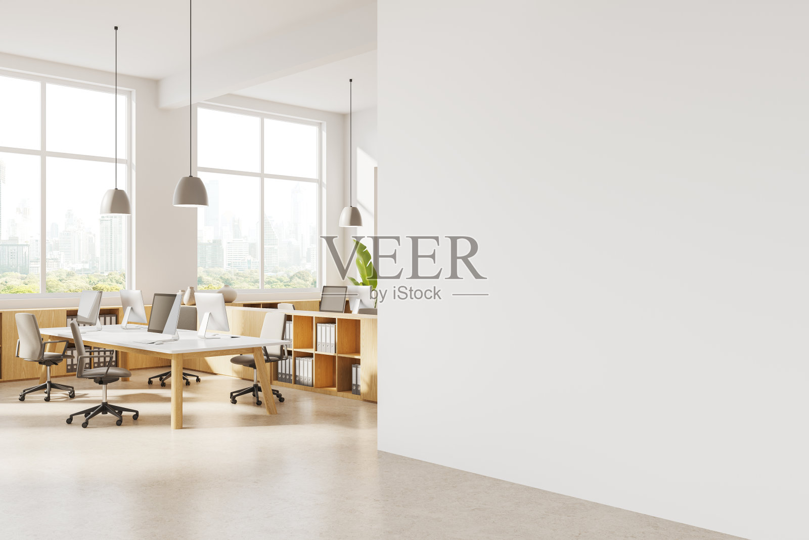 现代白色联合办公角落与空白墙照片摄影图片