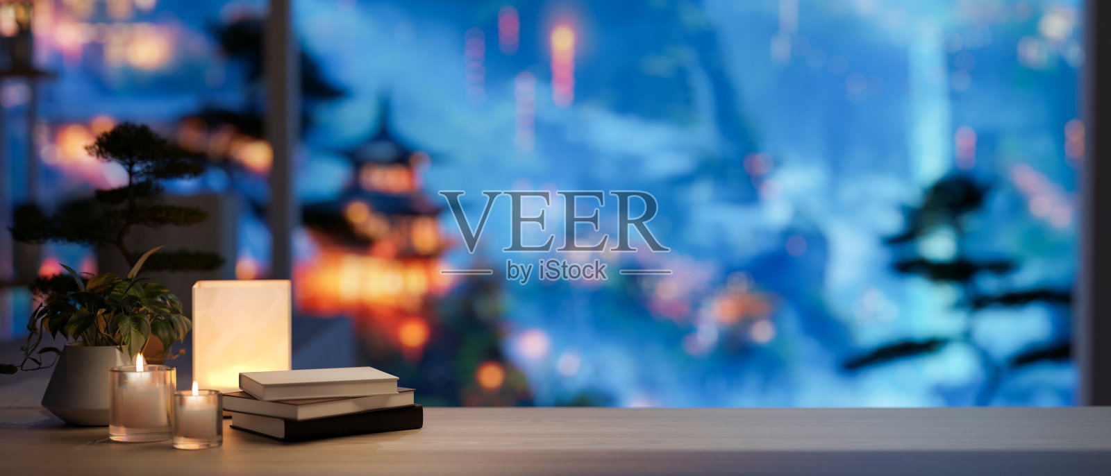 这是一个以童话花园为背景的桌面空间，用于展示产品。照片摄影图片