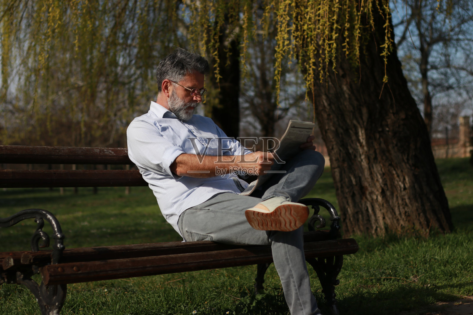 大胡子老头在公园里看报纸照片摄影图片