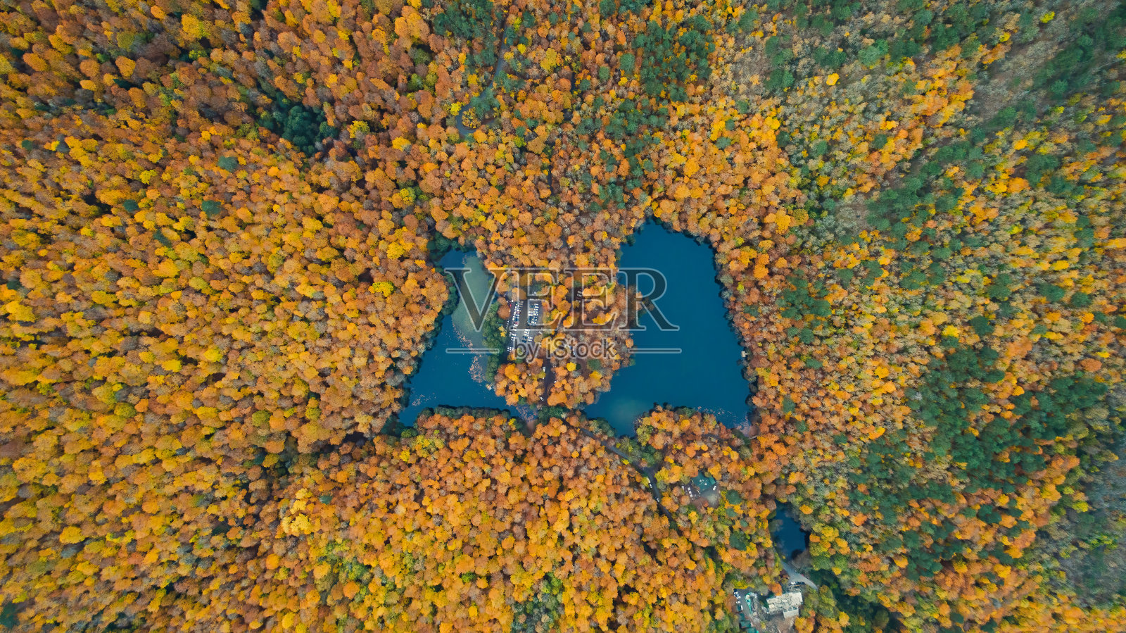 壮丽的鸟瞰图，树木在秋天变成黄色和橙色，还有自然形成的湖泊。火鸡。照片摄影图片