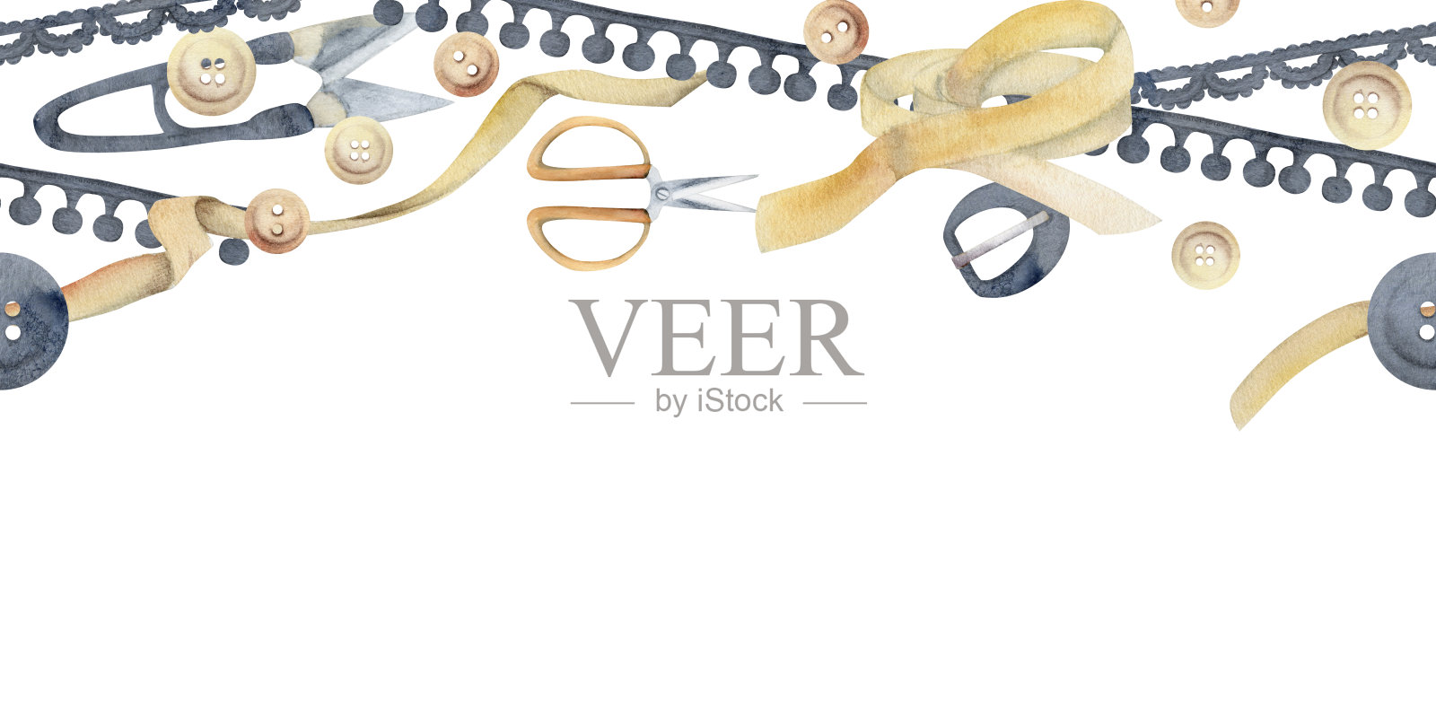 手绘水彩插画缝纫工艺用品。织物剪刀扣，纽扣丝带花边，靛蓝米色。无缝横幅隔离在白色背景。设计工作室，裁缝，爱好商店插画图片素材