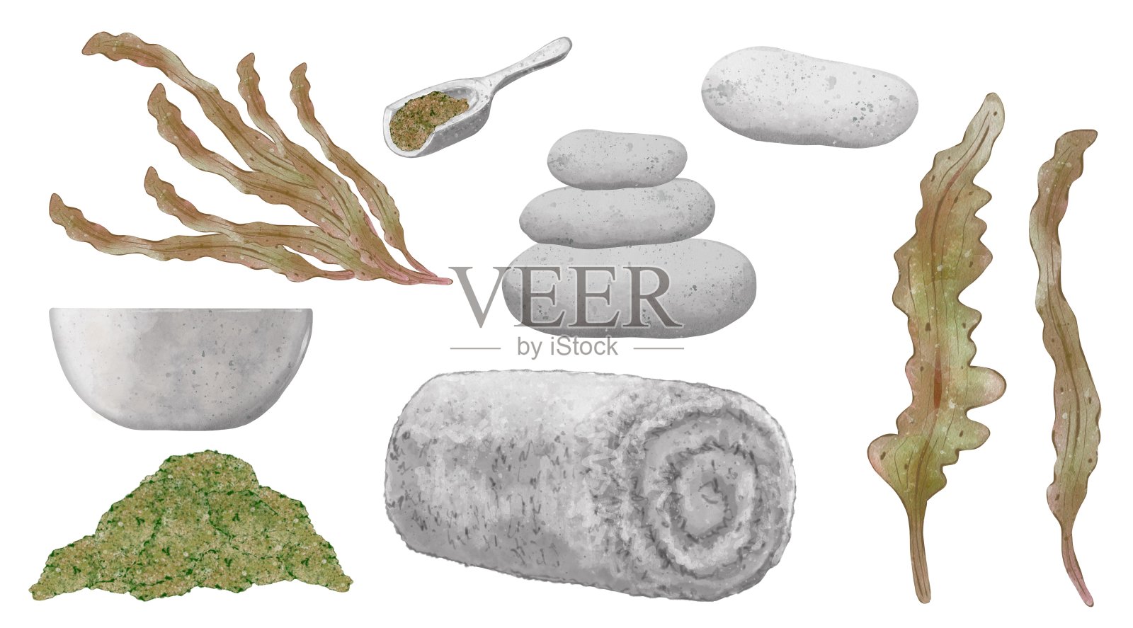 海藻水疗美容套装。海带，海盐，碗，勺毛巾和按摩石。美的理念，健康的生活方式。手绘插图孤立在白色背景插画图片素材