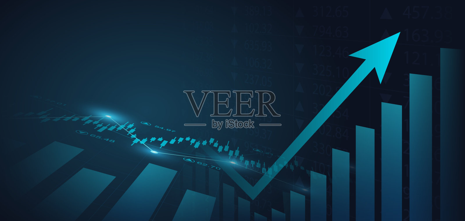 摘要股票市场背景下带有上升趋势线和箭头的财务图表插画图片素材