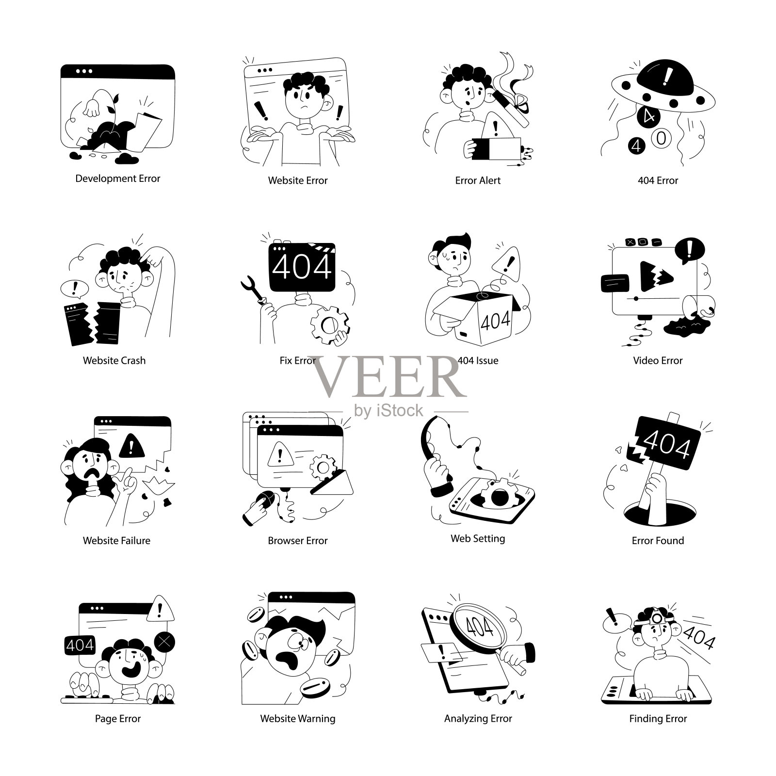 一套16个网站错误涂鸦迷你插图插画图片素材