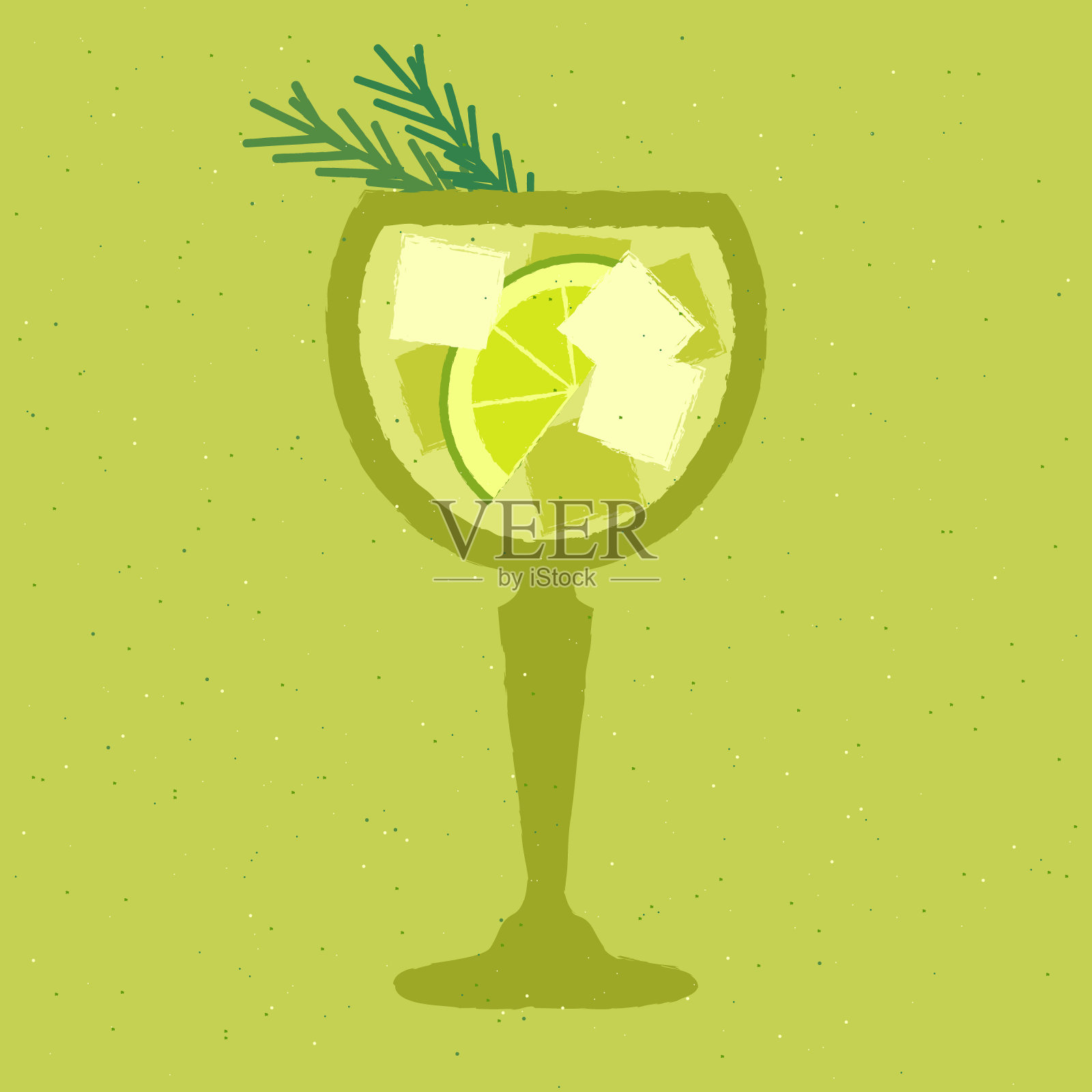 绿色鸡尾酒，加入青柠、冰块和迷迭香，倒入高脚杯。清爽的液体插画图片素材