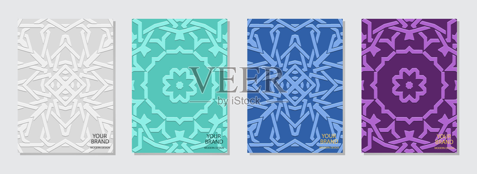 一套时尚的封面，不同颜色的垂直模板。收集浮雕，几何背景与民族线性3D图案，手工制作。东方、亚洲、印度、墨西哥、阿兹特克的创造力。插画图片素材