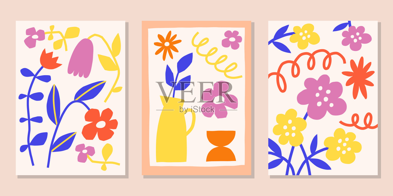 剪纸花海报设计。明亮的夏季矢量打印。现代花卉背景设置。植物墙艺术插画图片素材