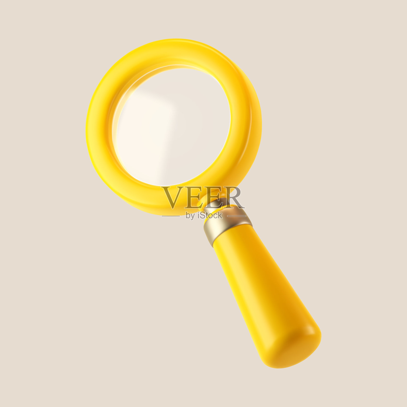 3d黄色放大镜图标隔离在灰色背景。渲染最小透明放大镜搜索图标，用于查找，阅读，研究，分析信息。三维卡通逼真矢量插画图片素材