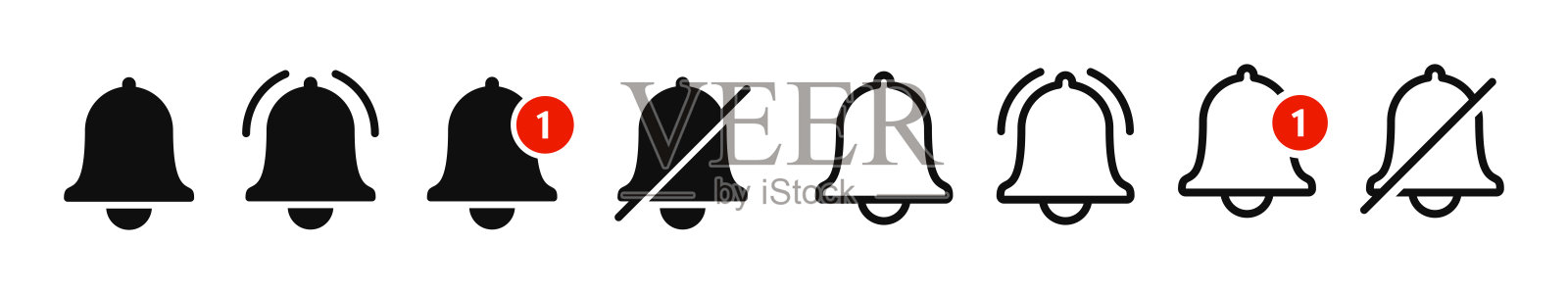 用于接收收件箱消息的通知铃声图标。矢量铃声和通知号码标志闹钟和智能手机应用程序警报插画图片素材