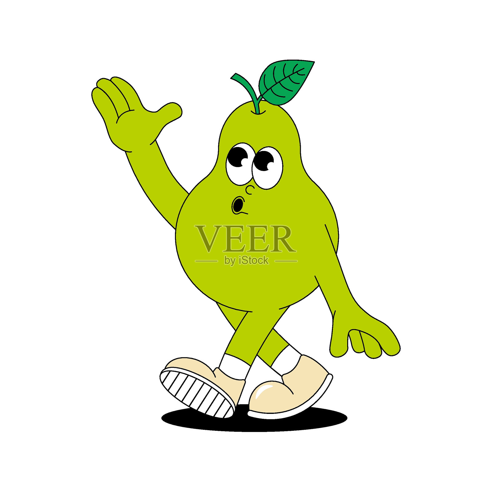 夏季水果特点梨。复古的groovy补丁。时髦的贴纸和滑稽的吉祥物。矢量插图60年代，70年代的风格。插画图片素材