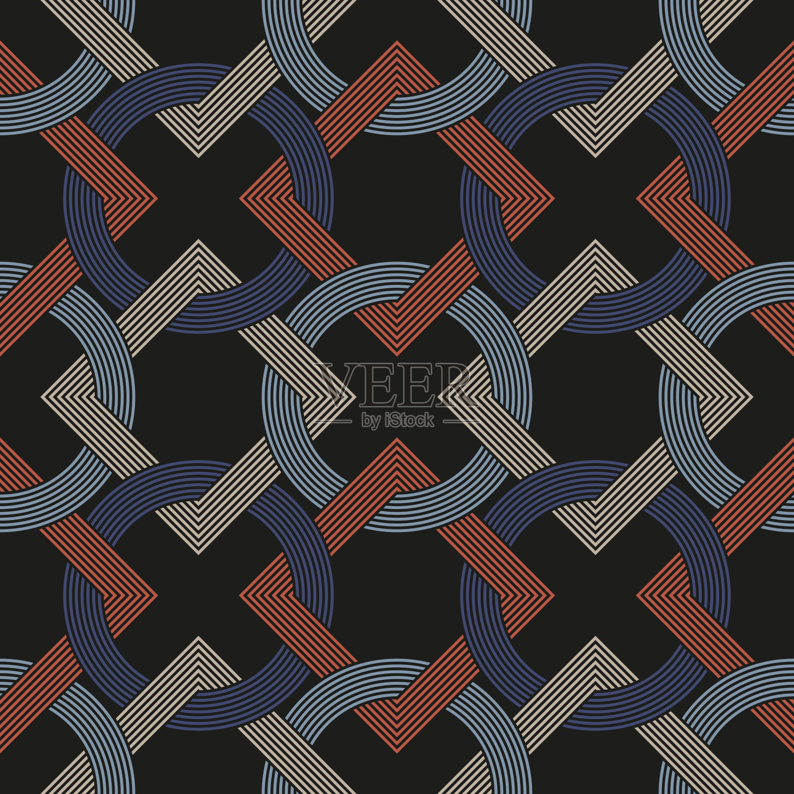 抽象的几何设计在复古风格与联锁的正方形和圆形在黑色的背景。无缝重复图案。插画图片素材