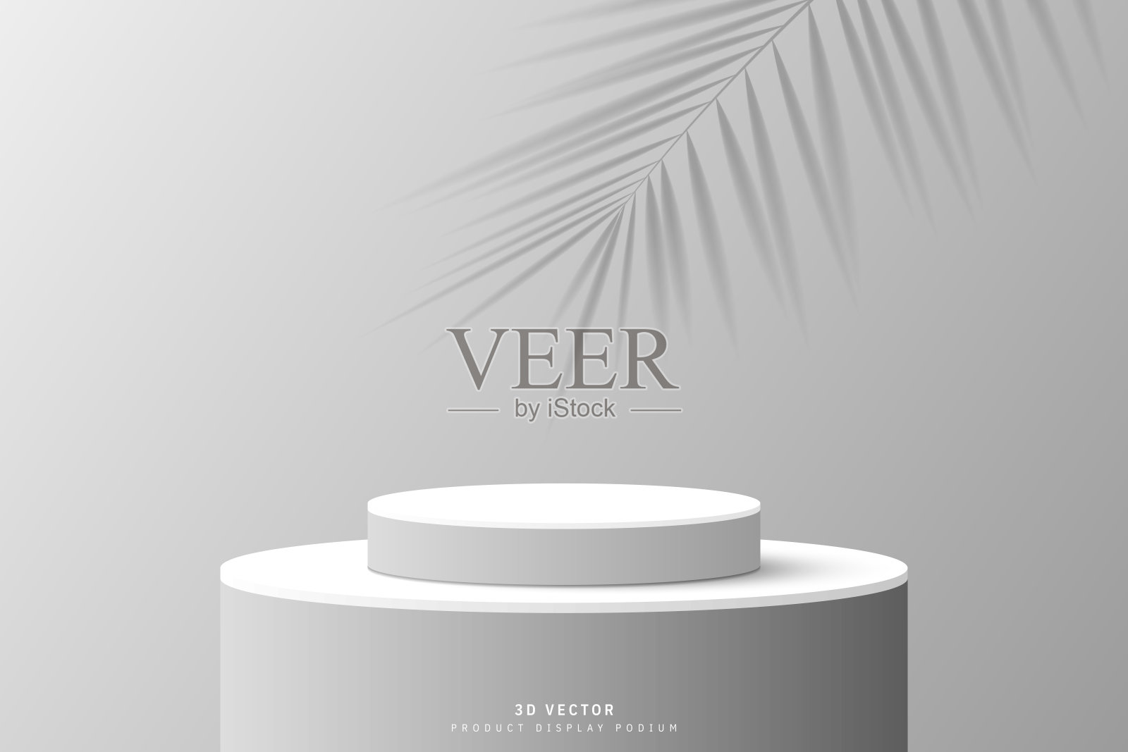 三维白色灰色圆柱体基座，现实地放置在巨大的圆形基座上，背景是棕榈叶阴影。最小的墙壁场景的产品模型或演示。展示的舞台。插画图片素材