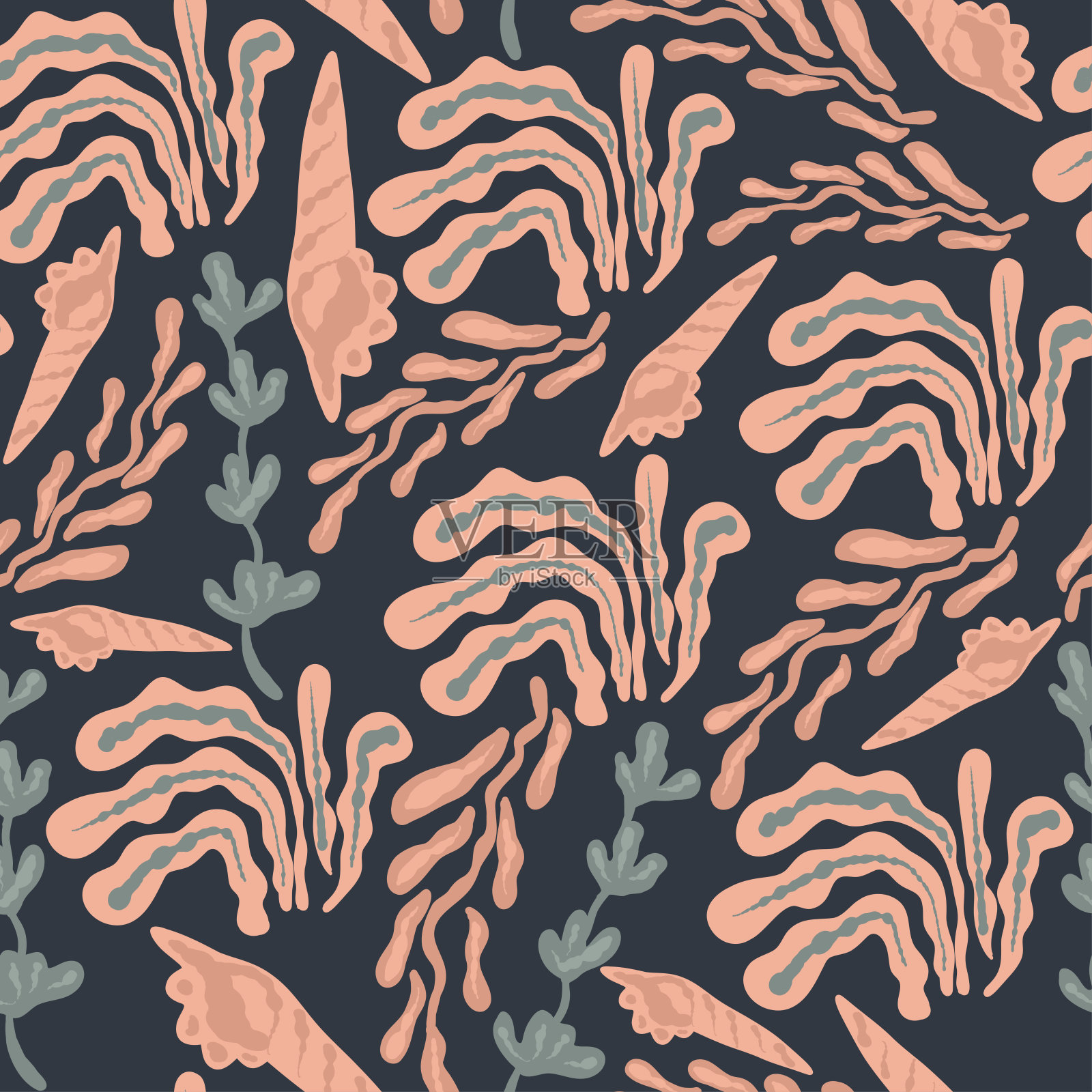 海藻粉和蓝色在暗背景平面设计无缝图案插画图片素材