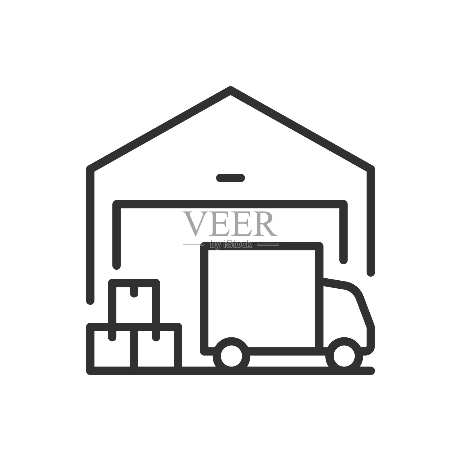 仓库大楼和一辆装满箱子的卡车，线性图标。装卸货物。线条可编辑的笔画插画图片素材