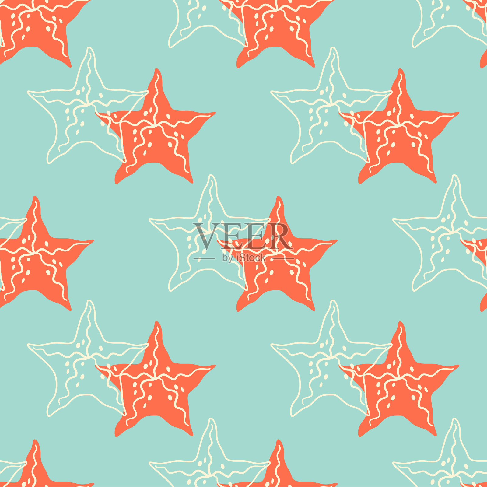 明亮生动的夏季无缝图案与海星和轮廓插画图片素材