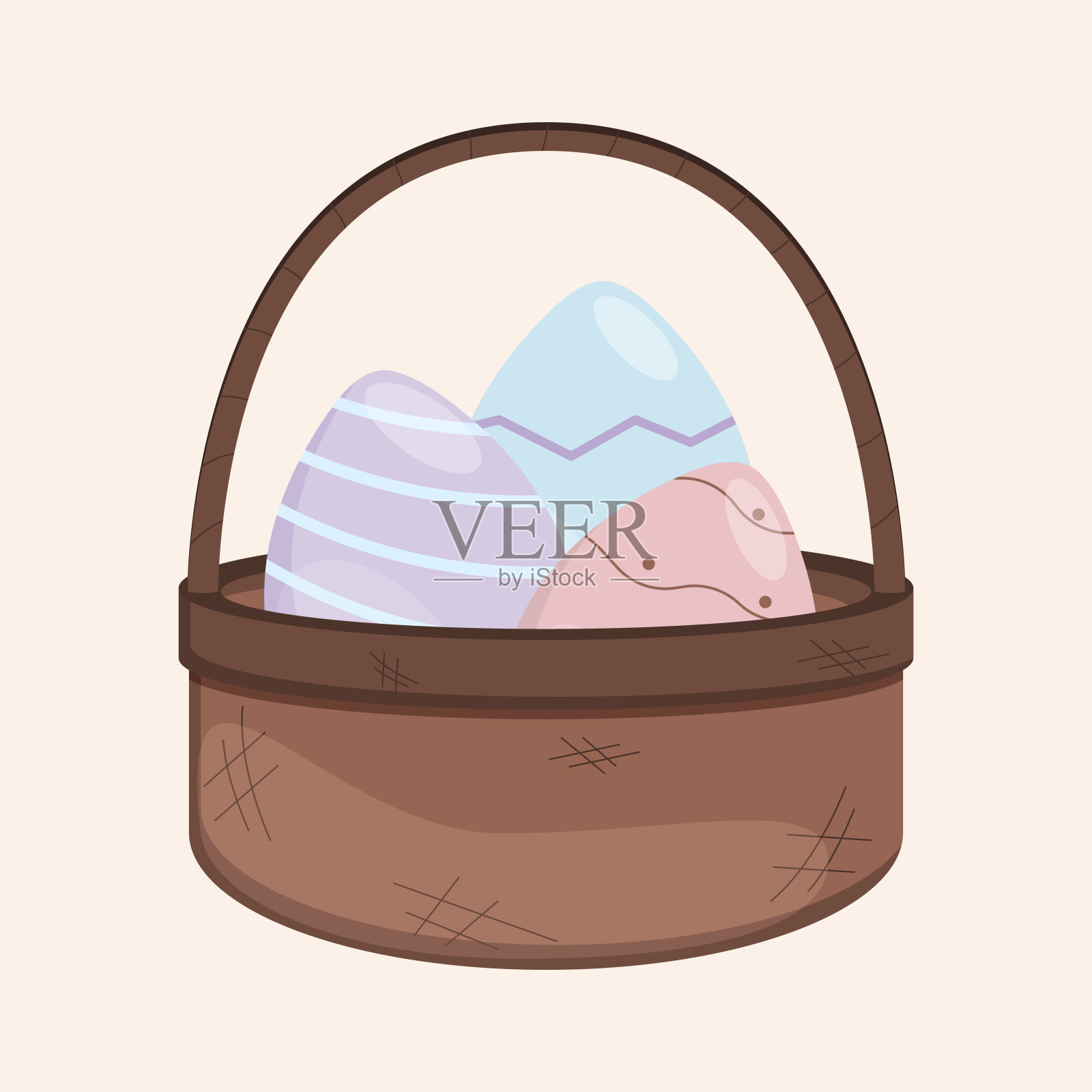 矢量插图的棕色柳条篮子与复活节彩蛋。插画图片素材