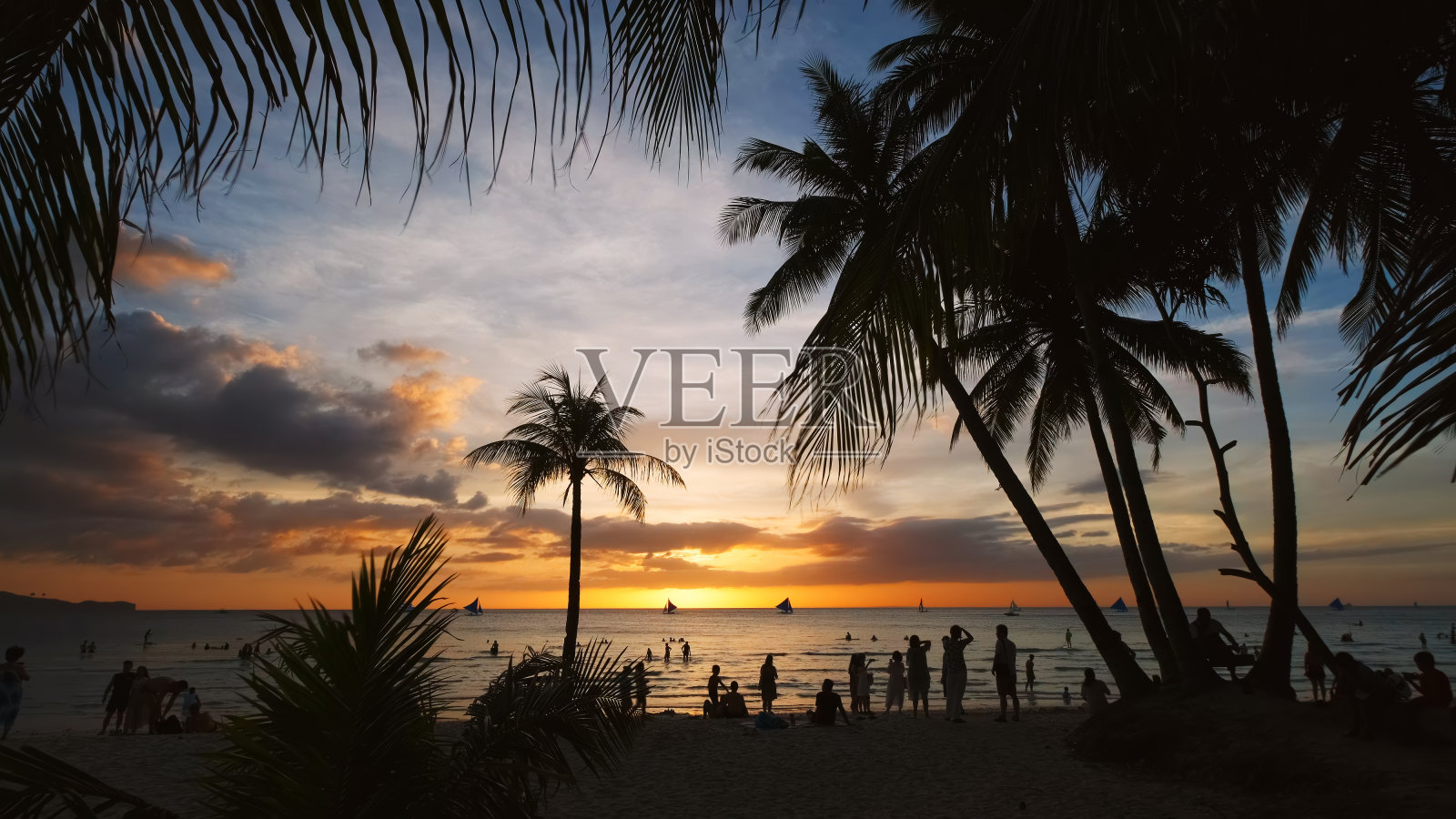海滩上的日落，人们和棕榈树照片摄影图片