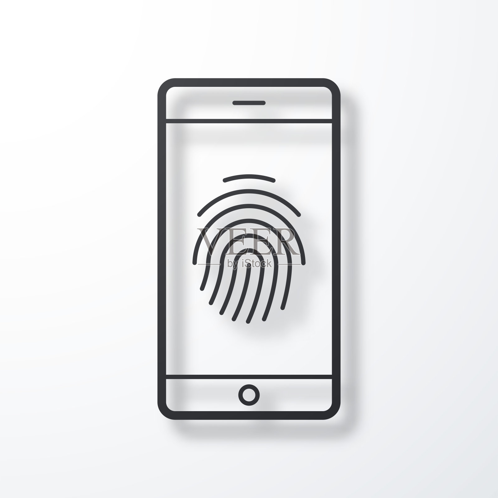 指纹智能手机。线图标与阴影在白色背景插画图片素材