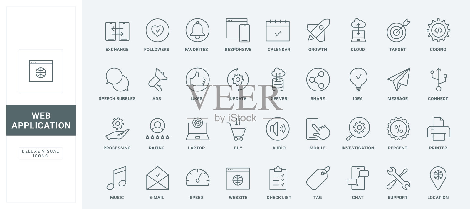Web应用程序的细黑线和红线图标设置，应用程序具有响应式界面插画图片素材
