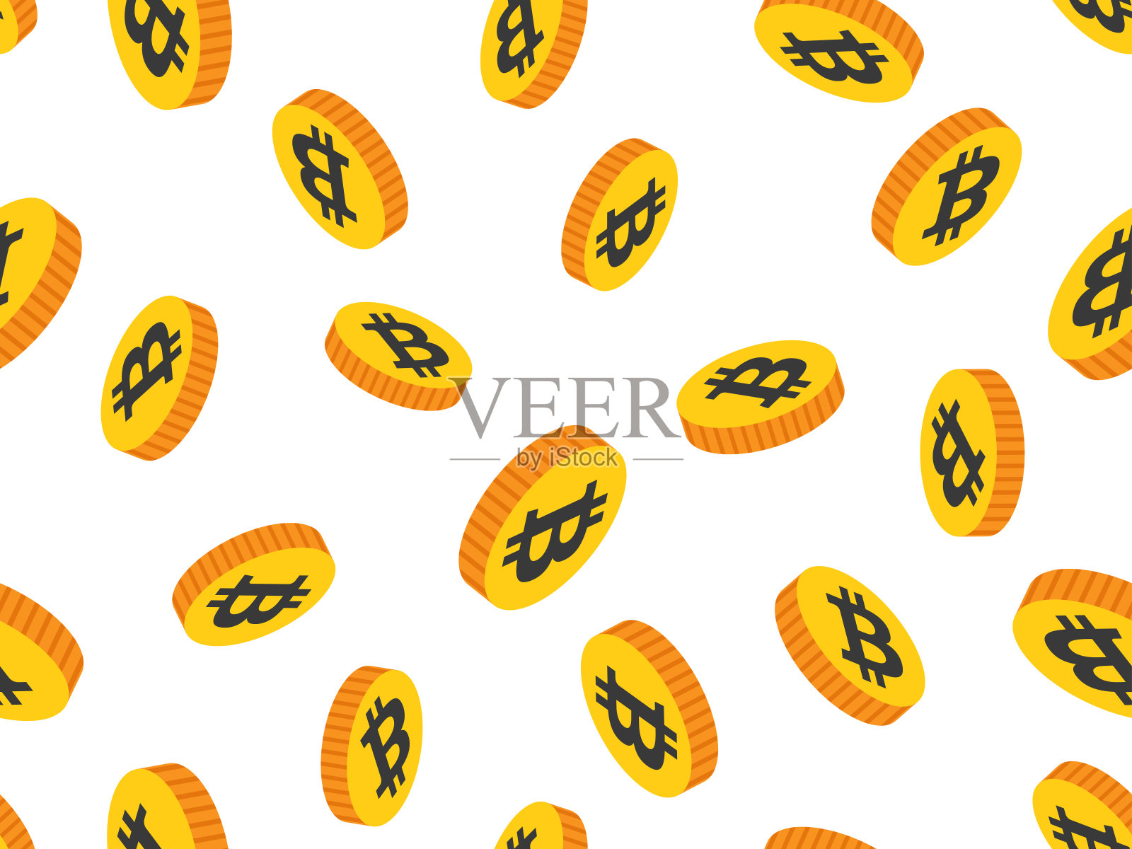3D硬币与比特币符号无缝图案。比特币是金色的。比特币加密货币，加密交易。设计壁纸，横幅和海报。矢量图插画图片素材