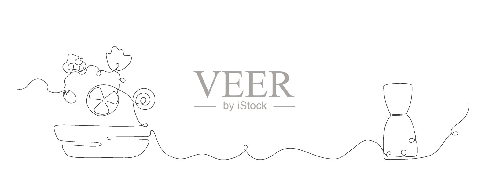 连续一行绘制新鲜蔬菜希腊沙拉碗，胡椒磨横幅。矢量海报与单一的手绘线。插画图片素材