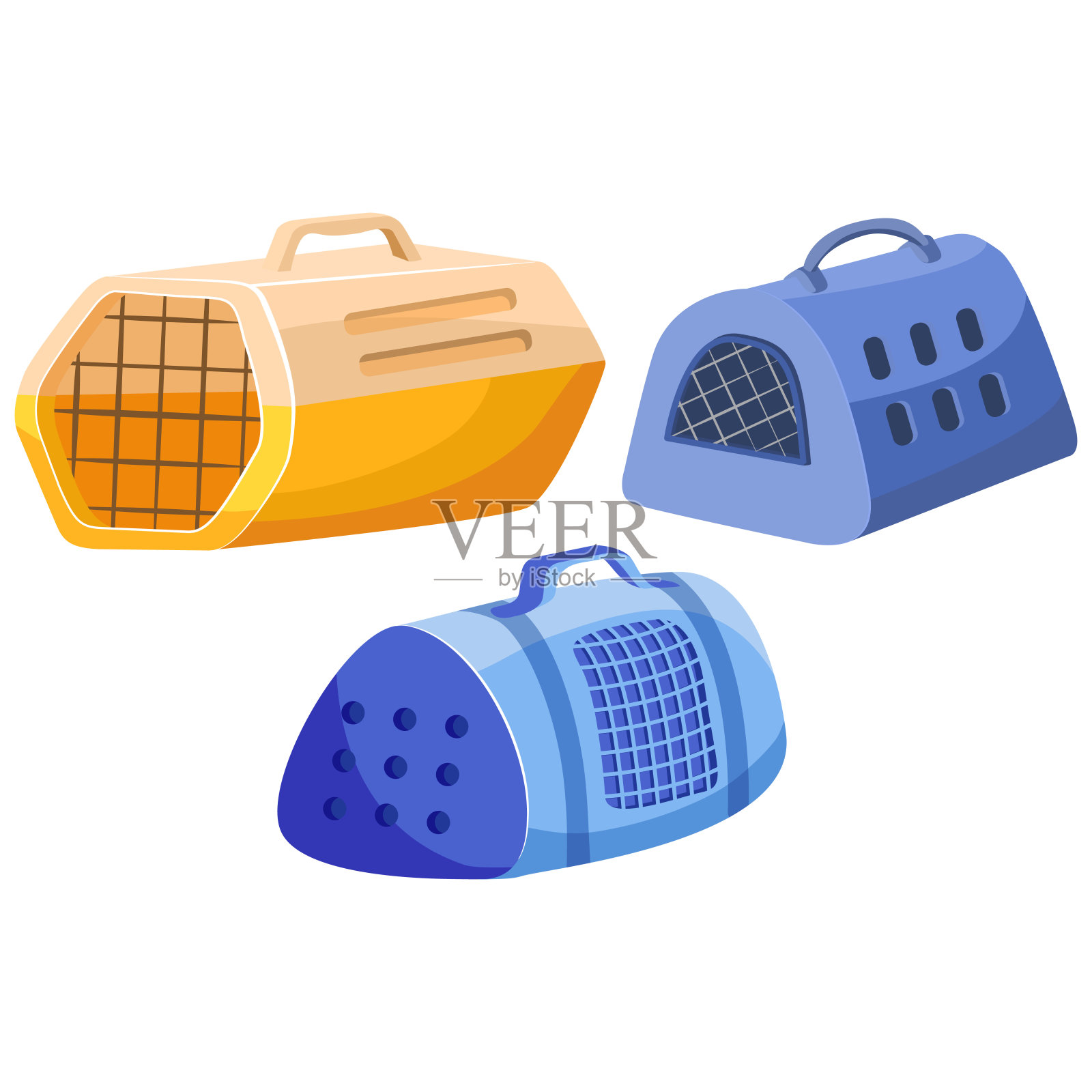 卡通动物载体。宠物航空公司。Petshop商品。塑料手提箱。插画图片素材