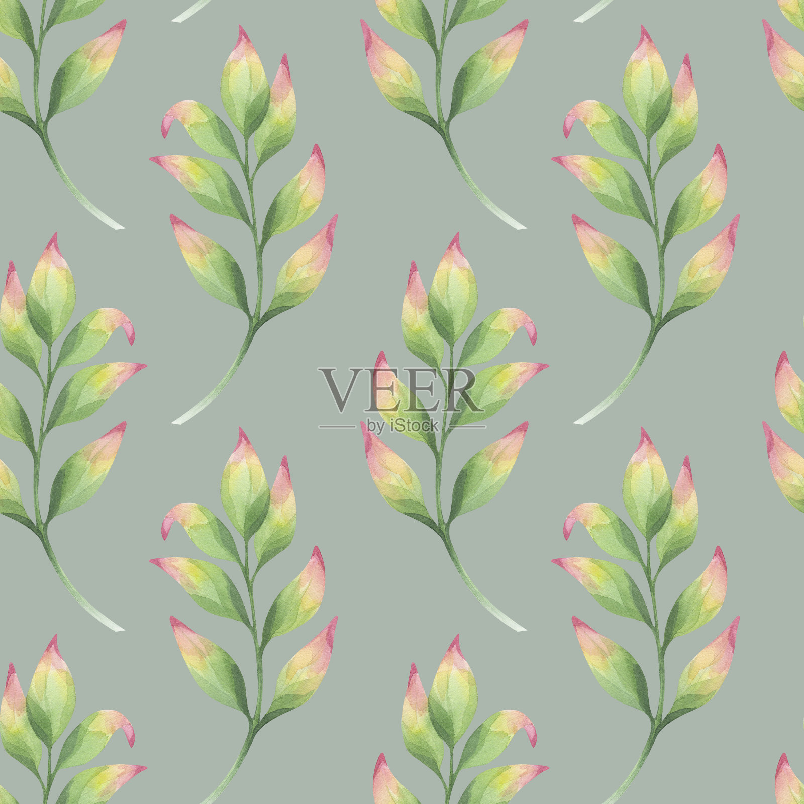 无缝图案简单抽象树枝与绿色粉红色的叶子。美丽温柔的剪贴画。手绘水彩插画背景。用于织物、纺织品、包装、墙纸的植物设计插画图片素材