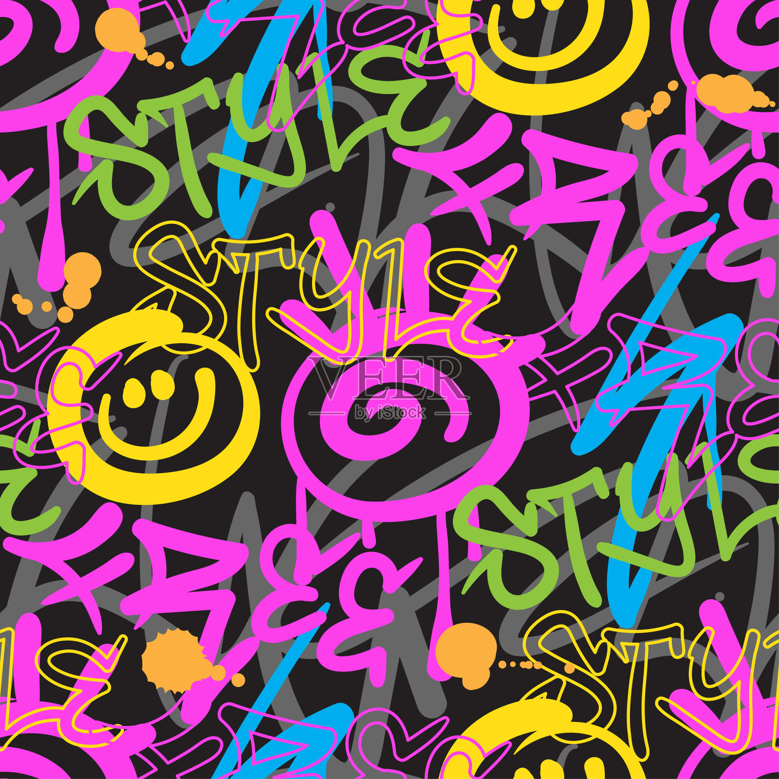 抽象涂鸦艺术与彩色时髦的文字和符号无缝图案背景插画图片素材