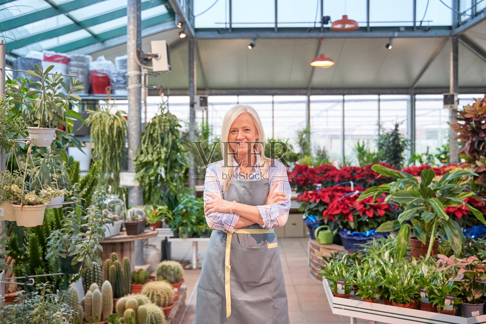 一个女人在育儿室里抱着双臂看着镜头的照片。中年妇女拿着一份复印件。照片摄影图片