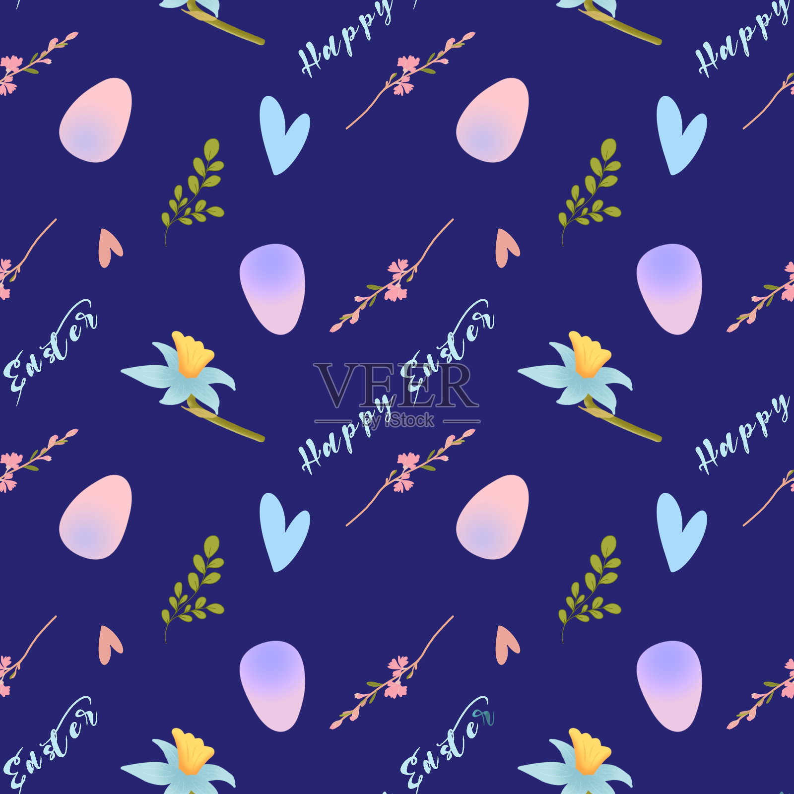 复活节彩蛋花和字母，复活节图案的彩色背景。数字插图，手绘。插画图片素材