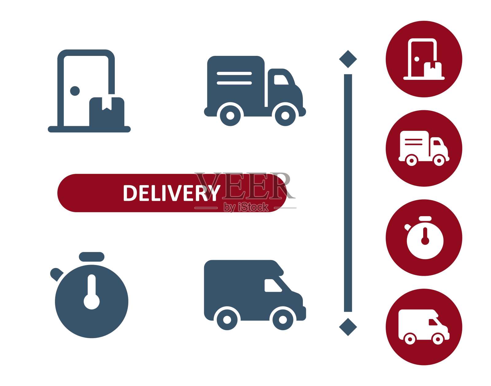 交付的图标。送货员，快递员，门，盒子，包裹，送货卡车，计时器，秒表，送货车图标插画图片素材