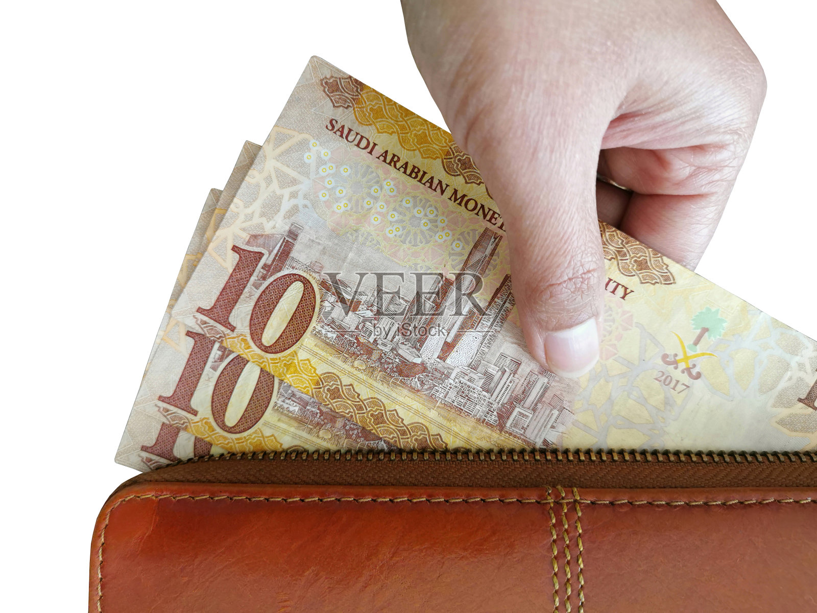 钱包里有10张沙特里亚尔的钞票。照片摄影图片