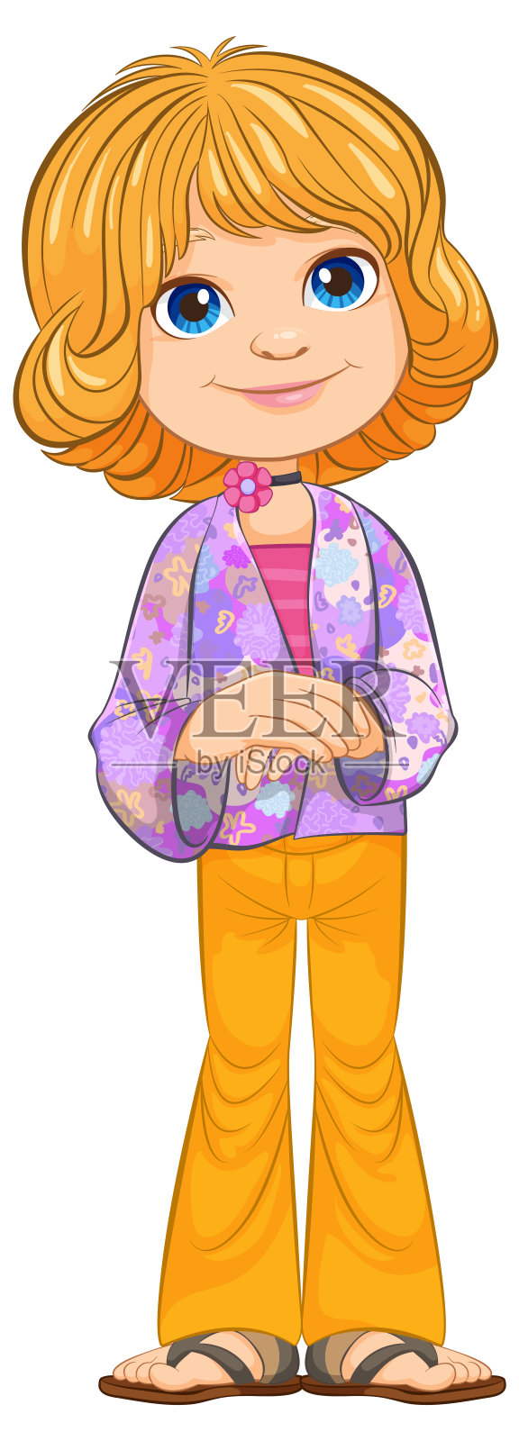 微笑的卡通女孩，金发，紫色衬衫。插画图片素材