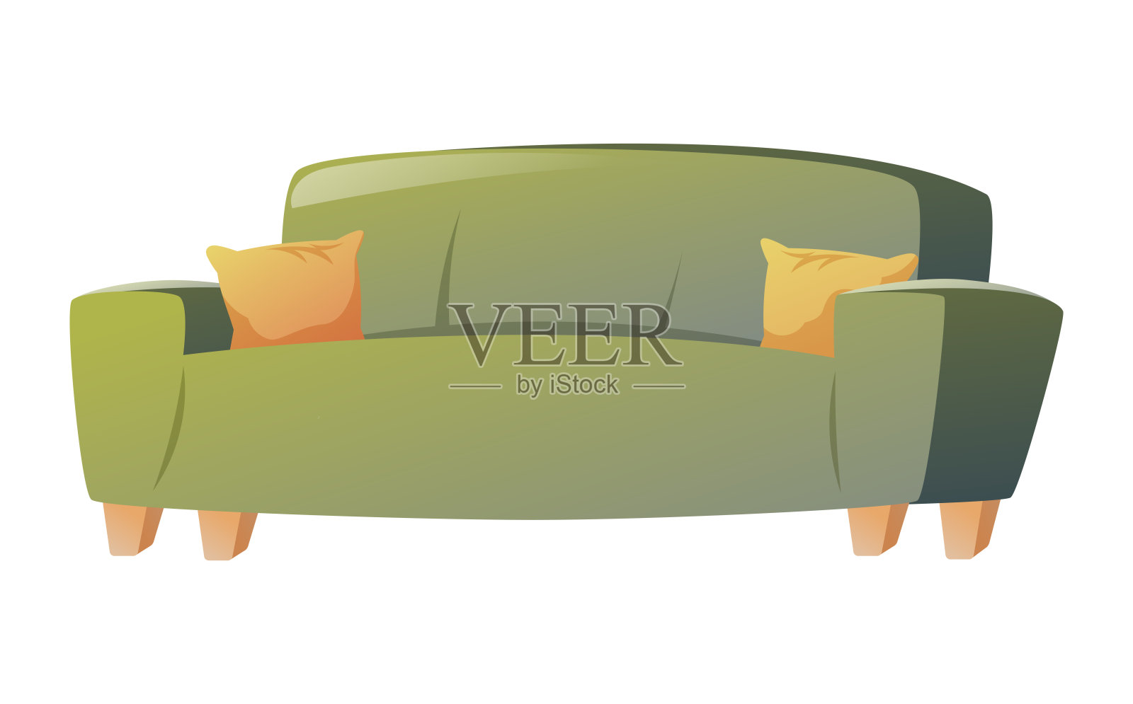 柔软舒适的家绿色沙发带枕头。客厅内部装修。矢量孤立的卡通插图。插画图片素材