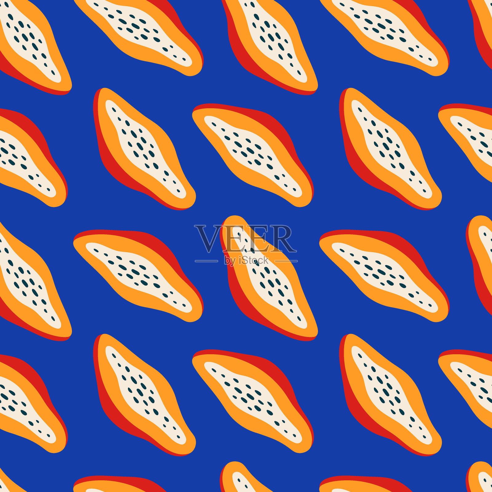 木瓜无缝花纹。明亮的蓝色背景上的异国水果。用于包装、服装、背景、箱包、封面插画图片素材