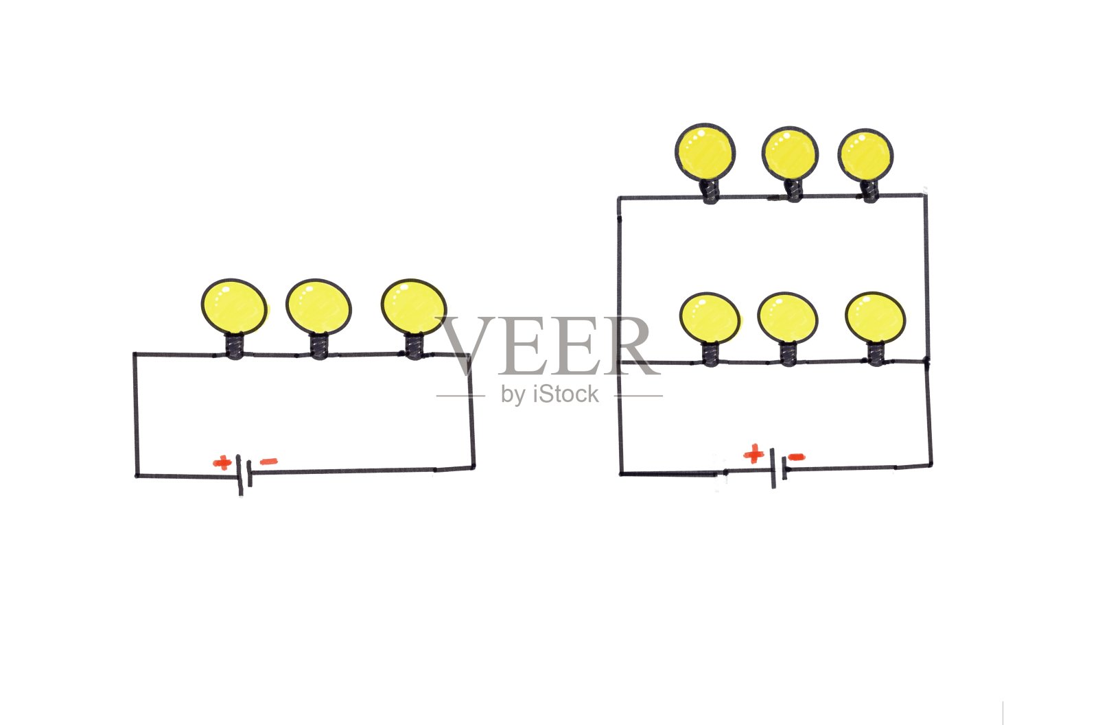 带灯泡的电路图手绘教育插图。科学，物理学科。教学援助。电连接模式课。概念，动力能量。插画图片素材